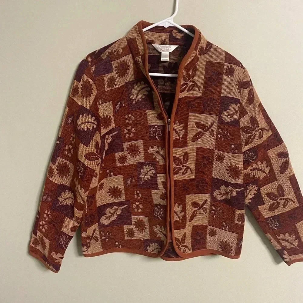 Christopher & Banks Tapestry Zip Jacket Size Large  Floral Fall Leaves Light